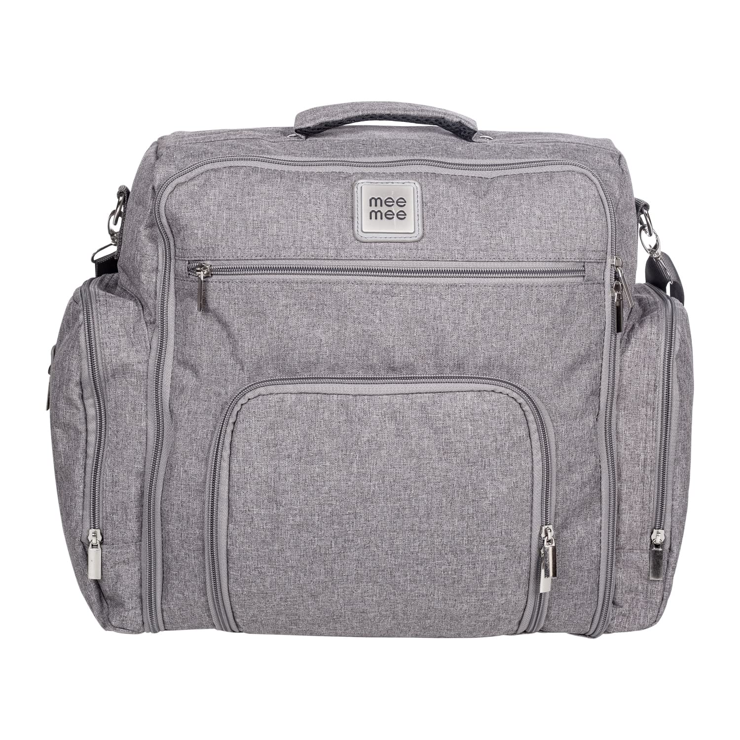 Front view of a blue textured messenger-style diaper bag with various compartments and a Mee Mee brand label. www.usmile.toys
